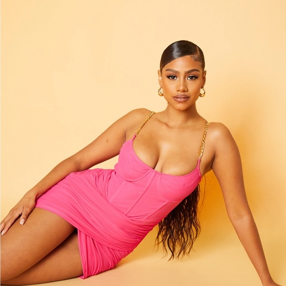 PrettyLittleThing Hot Pink Corset Chain Strap Bodycon Dress - Picture 1 of 5